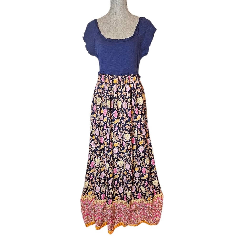 NATURAL LIFE Navy Blue Top Floral Maxi Dress with Pink and Yellow Border